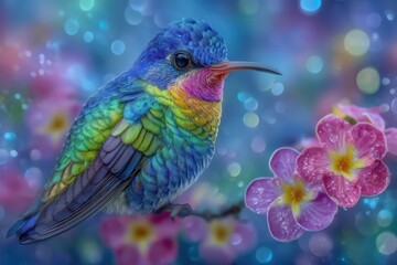 Fototapeta premium Vibrant Hummingbird Perched on Blossom with Colorful Feathers and Soft Background Bokeh Effect in Nature