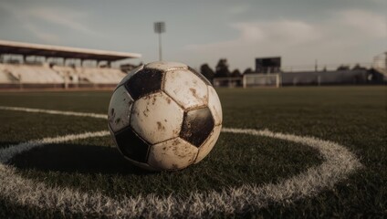 Soccer ball on the field with stadium in the background.