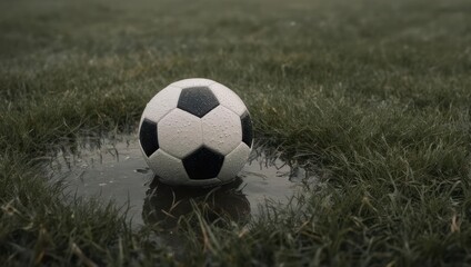 Soccer ball resting in a puddle on a grassy field.