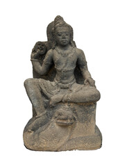 Fototapeta premium Ancient Javanese Hindu-Buddhist statue (Bodhisattva/Dewa) seated in lalitasana on an animal mount (lion/vahana). This cutout piece reflects the rich, syncretic art of classical Indonesian kingdoms 