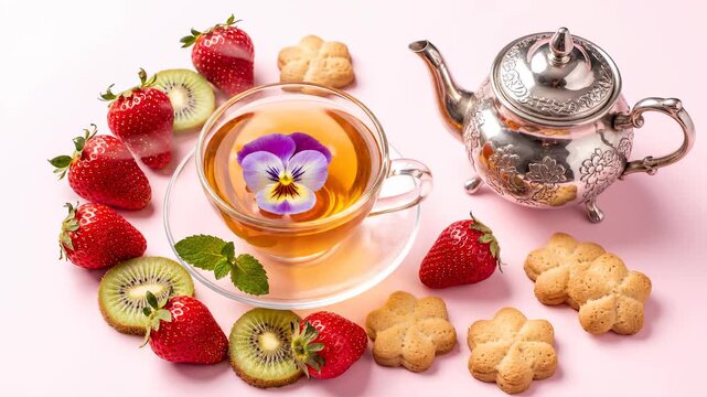 A delightful composition featuring a cup of tea, strawberries, kiwi, and cookies.