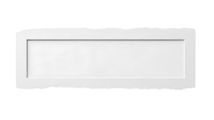 A rectangular piece of torn white paper with a clean inner rectangle and ragged edges isolated on transparent background