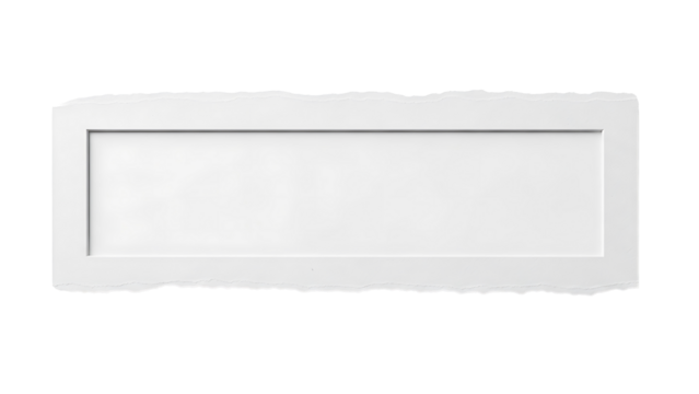 A rectangular piece of torn white paper with a clean inner rectangle and ragged edges isolated on transparent background