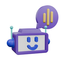 A 3D icon of a friendly purple robot with a happy face and a speech bubble showing a sound wave, symbolizing AI voice assistance and customer support