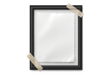 Black frame with blank instant print effect paper taped inside, empty space for memories over transparent background