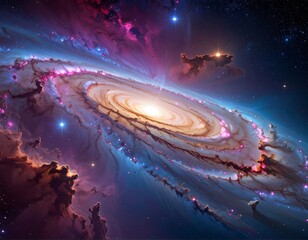 Obraz premium Spiraling galaxy with vibrant colors and surrounding cosmic clouds