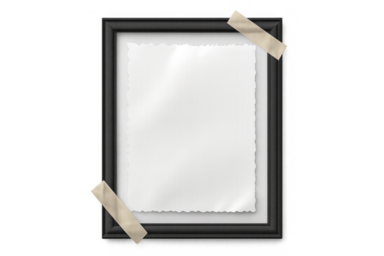 Black frame with blank instant print effect paper taped inside, empty space for memories over transparent background