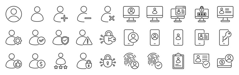 account icon pack outline style vector collection for user profile and autentication