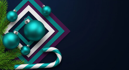 Teal Christmas Ornaments and Candy Cane on Dark Background with Geometric Shapes