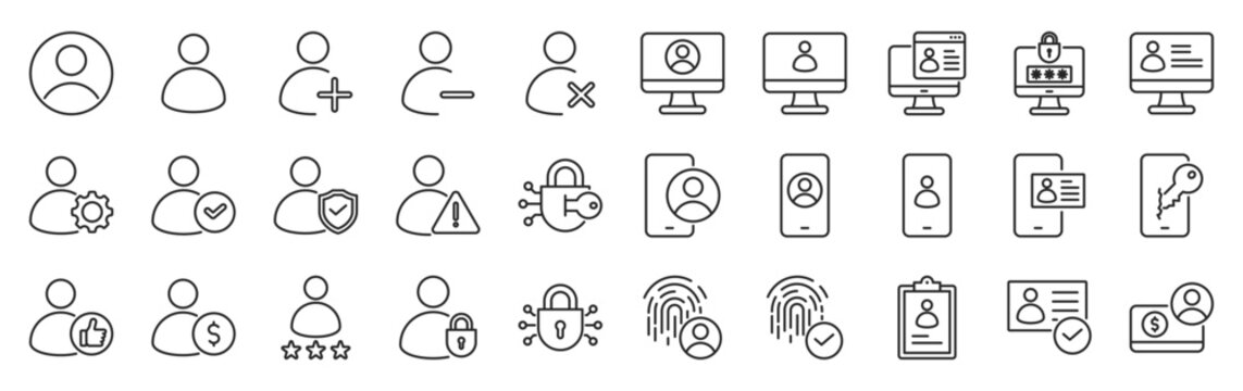 account icon pack outline style vector collection for user profile and autentication