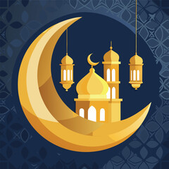 Golden Mosque with Crescent Moon and Star,Islamic Ramadan and Eid Mubarak Illustration