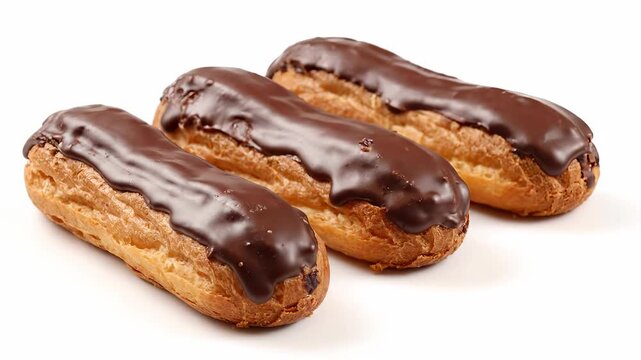 Three delicious chocolate eclairs arranged on a white surface, showcasing their glazed tops.