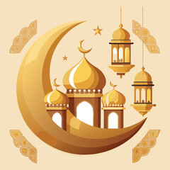 Golden Mosque with Crescent Moon and Star,Islamic Ramadan and Eid Mubarak Illustration