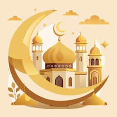 Golden Mosque with Crescent Moon and Star,Islamic Ramadan and Eid Mubarak Illustration