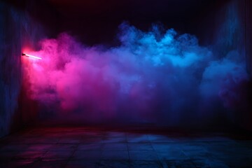 Obraz premium Empty dark room with neon lights and colorful smoke effects