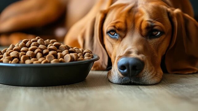 A Rhodesian ridgeback lies on the floor looking sad, while a bowl of dog food rests nearby. The warm, cozy indoor setting adds to the dog's sorrowful demeanor.