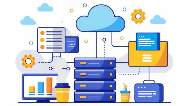 Data Stack With Cloud, Cloud system storage file download database protection concept data center file management, Simple and minimalist flat 2d Animation