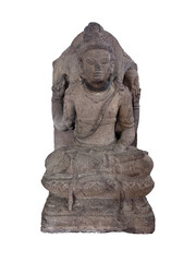 Fototapeta premium Ancient Javanese seated stone statue (Hindu-Buddhist), likely a Bodhisattva, in a meditative pose. This piece reflects the spiritual depth and artistic sophistication of classical Indonesian kingdoms 