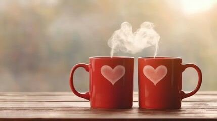 Cozy red mugs with heart designs on wooden table creating a warm atmosphere of love and affection with steam rising in the air