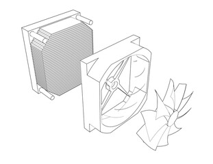 Wireframe CAD Drawing of PC Processor Cooling Unit: Detailed Isometric Exploded View. Simple line art schematic illustrating modern computer hardware and electronic device components for repair.