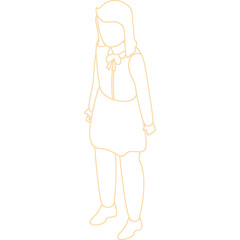 Outline of a young girl standing with arms at her sides against a white background wearing a collared shirt and skirt in an orange outline style