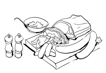 Stylish illustrations of meat dishes. ham, sausages
