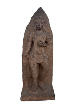 Ancient Javanese Hindu-Buddhist standing stone statue in tribhanga pose, holding attributes. This gracefully carved historical figure reflects the sophisticated aesthetic and devotional art of the cla