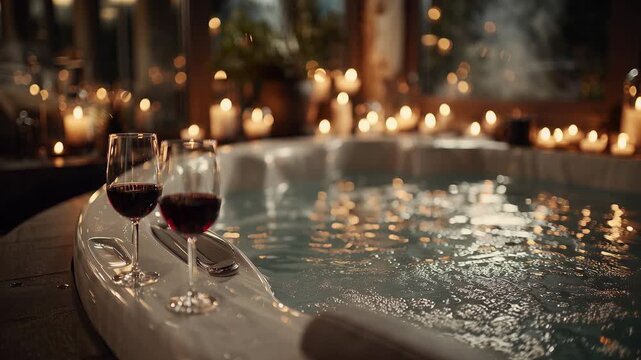 A serene indoor setting featuring a modern jacuzzi surrounded by glowing candles. Two glasses of red wine sit beside the warm water, creating a perfect atmosphere for relaxation and bliss.
