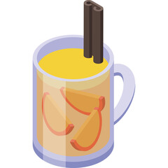 Isometric glass mug filled with yellow liquid and apple slices with two cinnamon sticks inside and transparent background