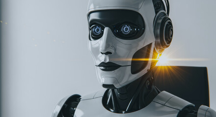 An advanced, androgynous robot contemplates its surroundings, illuminated by soft lighting, revealing intricate details in its design.