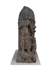 Ancient Javanese Hindu statue of Durga Mahishasuramardini, the multi-armed goddess conquering the demon buffalo. This powerful piece reflects the dynamic Hindu iconography and religious art of classic