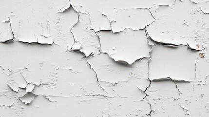 Fototapeta premium Close-up of a textured, peeling white wall, showcasing cracked paint and a weathered surface, highlighting age and neglect.