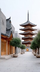 Naklejka premium Daylight Photo Of Layered Temple Rooftops With Traditional Architecture And Green Trees Lining A Stone Pathway In A Serene Outdoor Setting