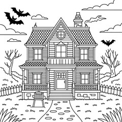 Obraz premium Spooky Haunted Mansion Outline Illustration Halloween Coloring Sheet