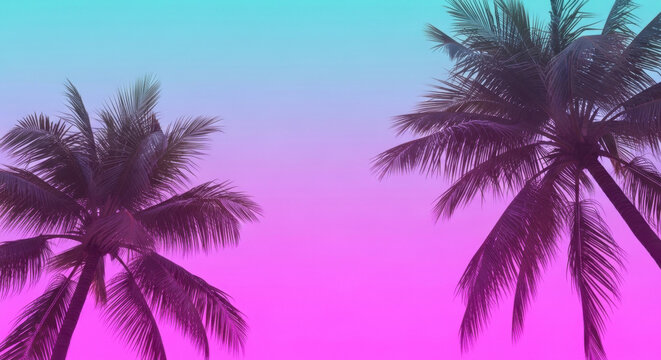 Tropical Palm Trees Silhouette Against Vibrant Gradient Sky Backdrop Summer Vacation Landscape Scenic Travel Destination - Powered by Adobe
