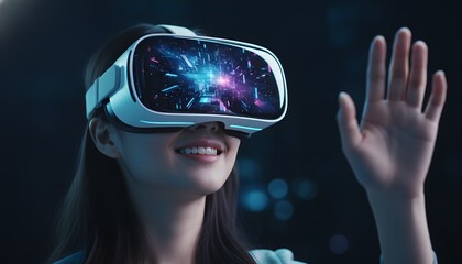 Happy young woman wearing a VR headset, smiling as she interacts with a futuristic metaverse, with a glowing digital world reflected in the goggles.