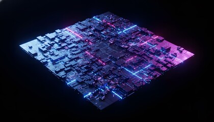 Abstract 3D rendering of a futuristic technology surface, like a microchip or circuit board, with glowing pink and blue lights, symbolizing data processing, AI, and cyberspace.