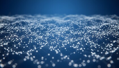 Abstract futuristic technology background with a white plexus network of connected dots and lines, symbolizing big data, digital communication, and global networks on a blue field.