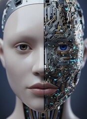 Futuristic portrait of a cyborg or android face, split half-human and half-robot, revealing advanced circuitry and glowing lights, symbolizing artificial intelligence (AI) and the singularity.