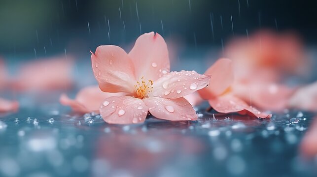 Delicate pink petals adorned with raindrops create a serene and tranquil natural scene