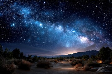 Starry night sky over desert landscape
