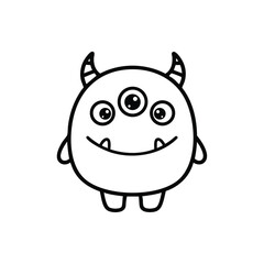 Cute cartoon monster with three eyes, small horns, and a friendly smile, standing with tiny arms and feet on a plain