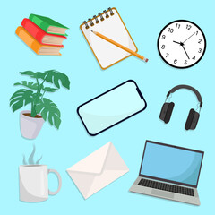 Working from gome essentials elements laptop mobile coffee mug notebook pencil books envelope