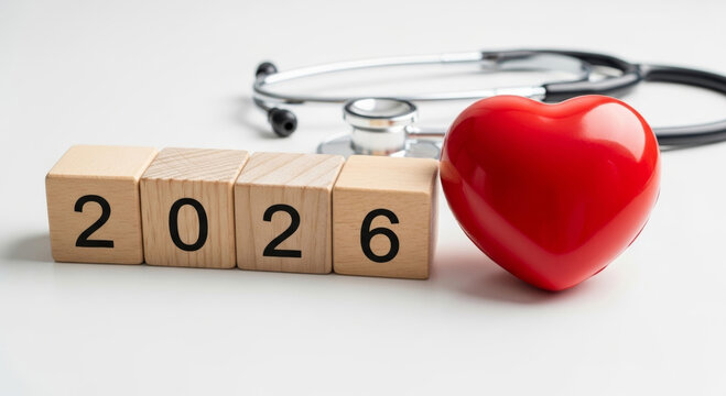 Wooden block 2026 new year end christmas stethoscope red heart health care celebration hope