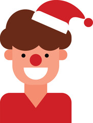 Illustration of a person with a red nose and a Santa hat smiling.