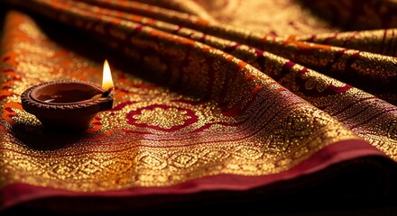 Lit Diya Oil Lamp on a Golden Silk Saree for Diwali.