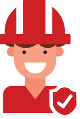 Illustration of a construction worker with a hard hat and a shield with a checkmark.