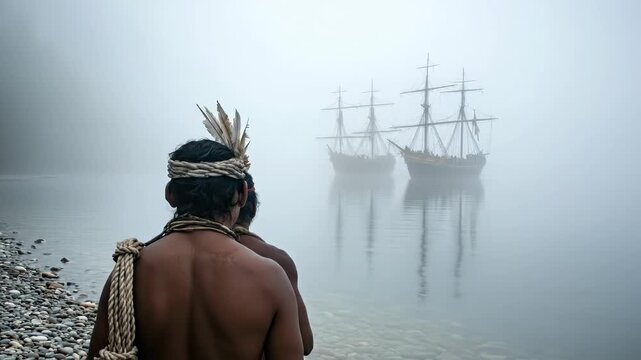 Indigenous people observe sailing ships arriving on a misty island shore, witnessing the dawn of colonization and cultural change.