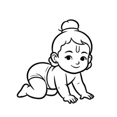 Adorable crawling baby girl with a joyful expression, wearing a simple outfit and hair tied up in a bun, on a plain