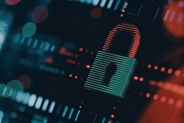 Glowing red padlock on dark digital interface symbolizing cryptocurrency security breach, blockchain technology concept for cyber security